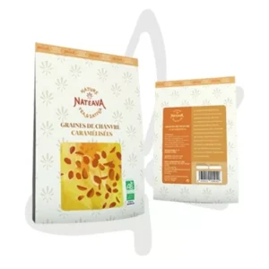 Recto / Verso du sachet de graines caramélisées avec des couleurs orangés.