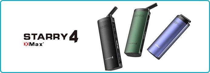A gauche, le texte STARRY 4 XMAX. À droite, trois vapos avec à gauche, un noir, au centre, un vert et à droite, un bleu.